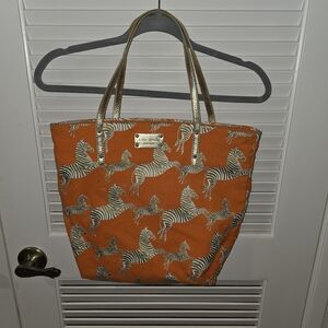 Kate Spade Leaping Zebra Print Orange & Gold Tote
